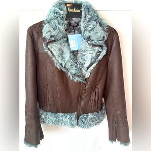 NWT Neiman Marcus Dyed Genuine Lamb Fur Trim & Leather Jacket, Size Medium